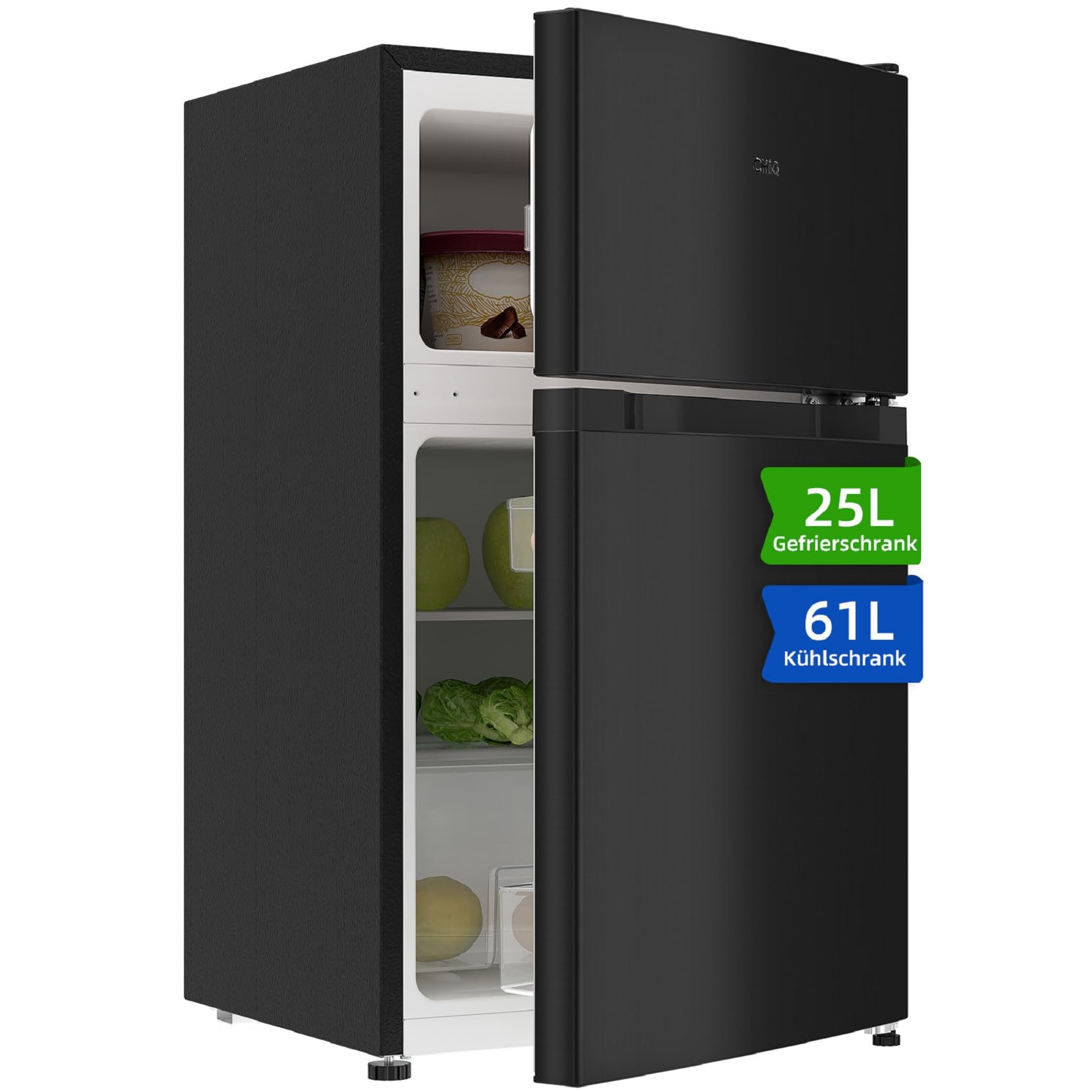 CHIQ Kühl-/Gefrierkombination/Gefrierfach oben Kühlschrank｜86 Liter (25L/61L), 85cm | 4 Sterne Gefrierfach, -18 °C bis -8 °C｜mit LED, für Wohnheime, Wohnungen und Hotels, Kühlschrank mit Gefrierfach
