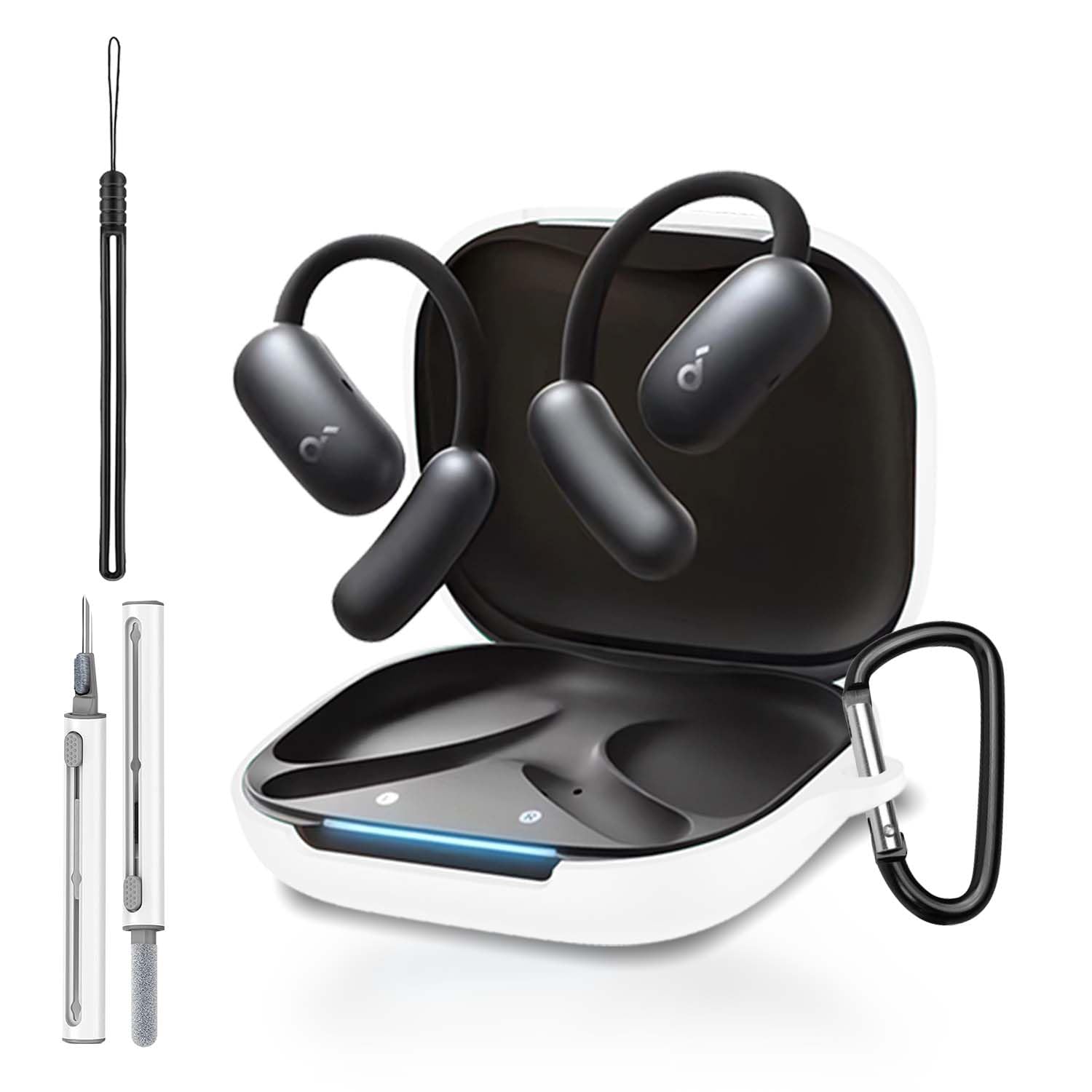 for Anker Soundcore AeroFit 2 Case Cover, Full Protective Silicone Skin Cover for Soundcore AeroFit 2 by Anker,with Keychain & Lanyard and Cleaner Kit, Front LED Visible, White