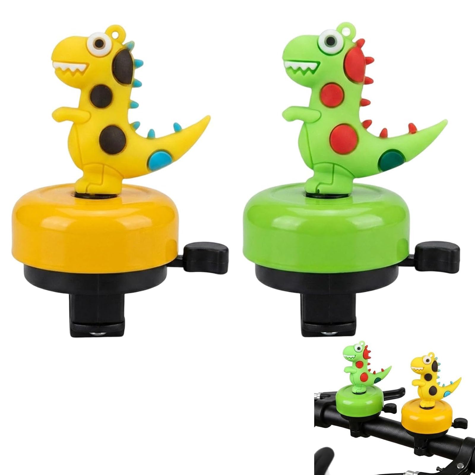 2-Pack Kids Bike Bell, 3D Dinosaur Micro Scooter Bell Set in Green and Yellow, Cycling Warning Bell Accessories for Boys and Girls, Balance Bike Handlebar 10.5 by 7 Cm