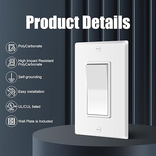 Miniatura 2 de ThunderWay Interruptor decorativo de pared de un solo polo con placa de pared, 15 A, 120 V277 V, interruptor de paleta de encendidoapagado, grado