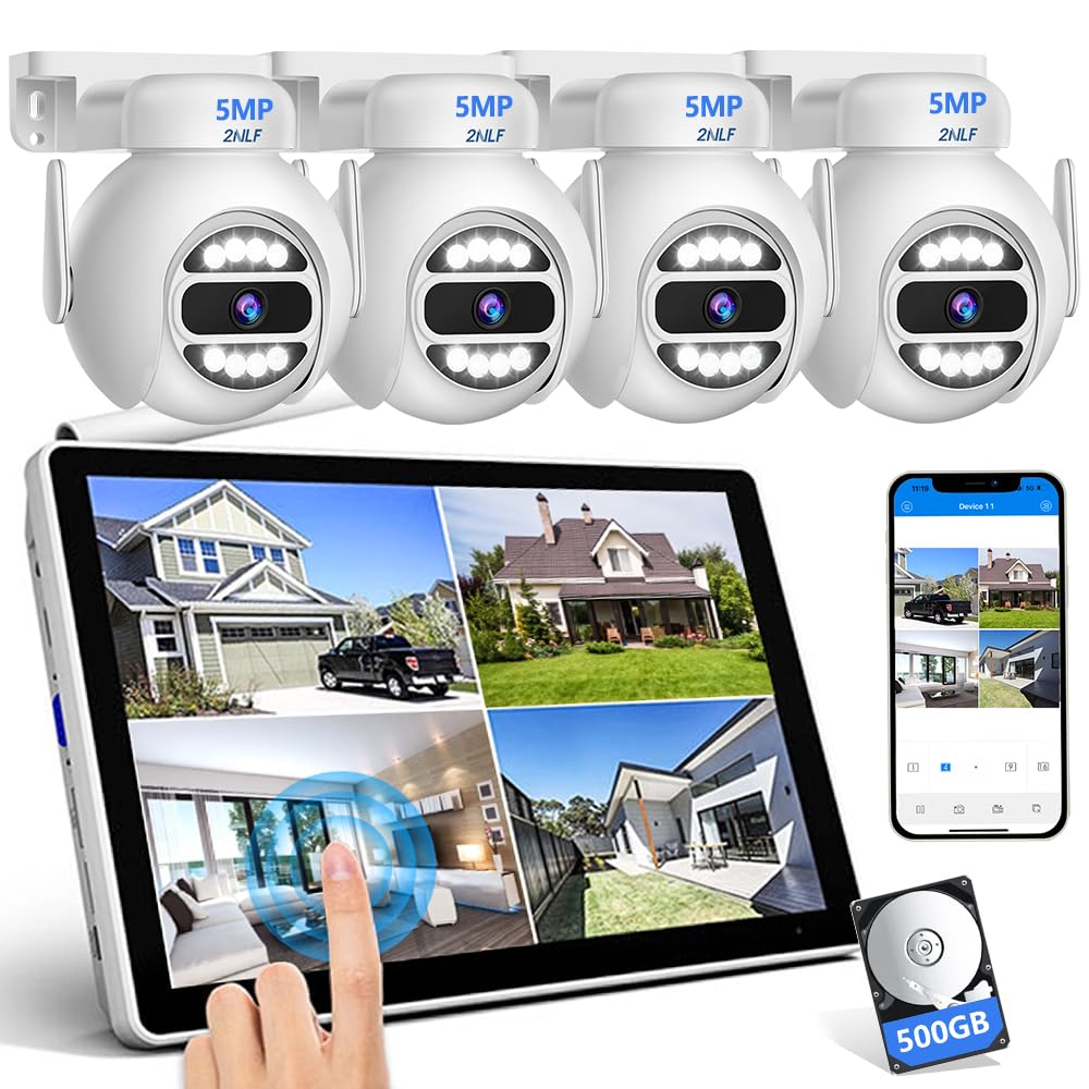 Image showing a 10.1-inch LCD touch monitor displaying a 4-way split screen of surveillance footage, with a hand interacting with the screen. Below, it compares the integrated NVR+Monitor solution to separate NVR and monitor units.