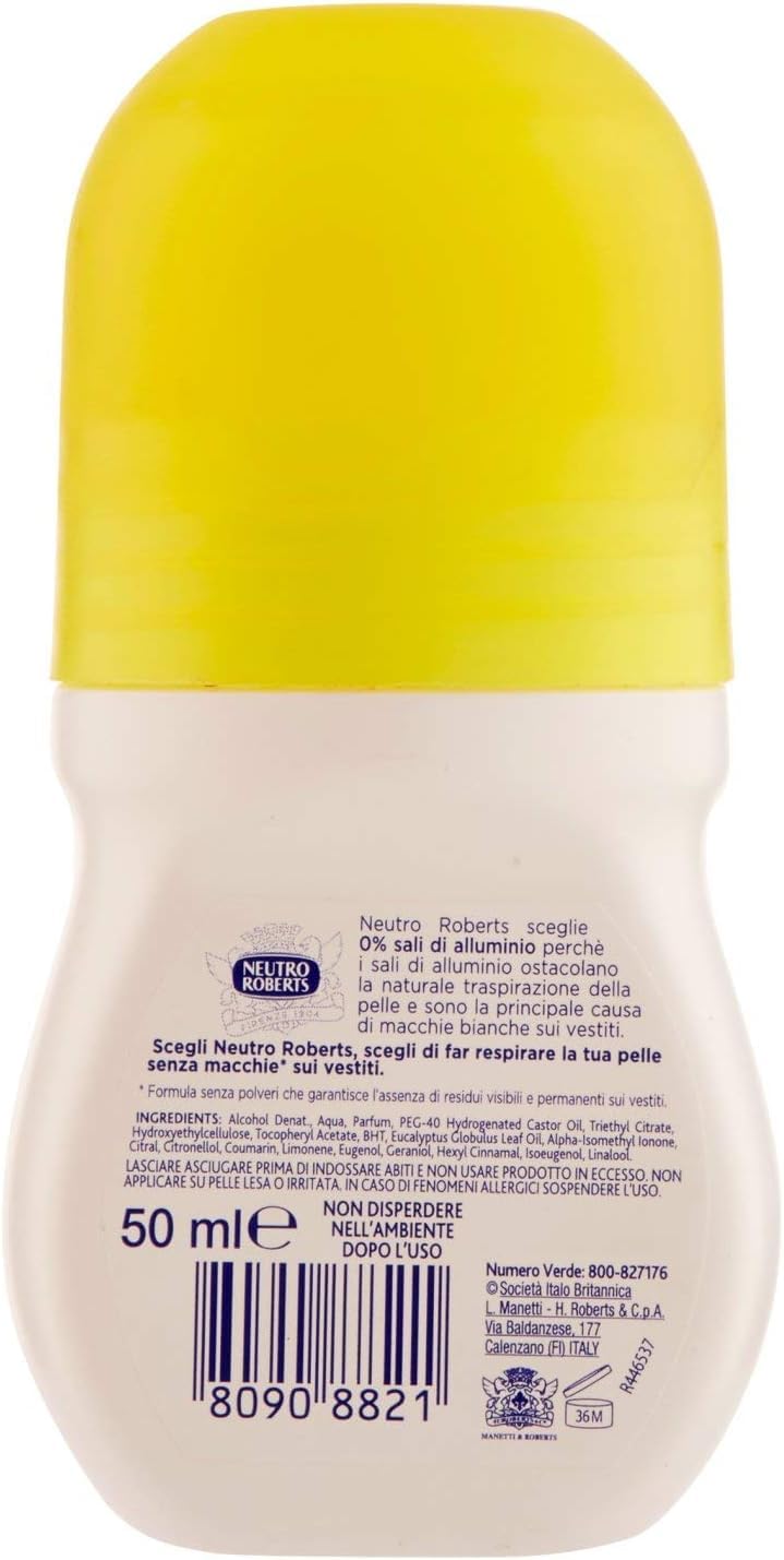 12x Neutro Roberts, Deodorante Roll On Fresco, Ohne Aluminiumsalze, Keine Flecken,Zitrusduft aus Bergamotte und Ingwer, Deodorant Unisex,50ml + Beni Culinari Kostenloser Schlüsselanhänger