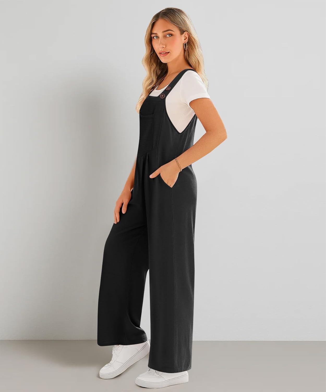 NILOUFO Women Wide Leg Bib Overalls Casual Loose Jumpsuits Sleeveless Adjustable Strap Rompers with Pockets - Image 3