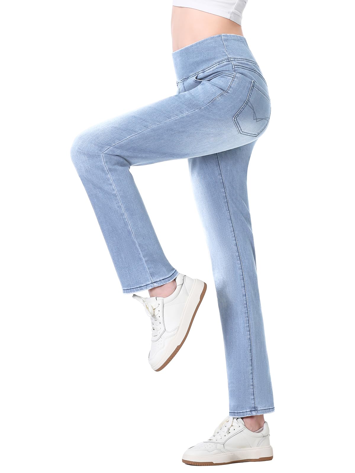 Straight Jean Femme, Pull on Jeggings Taille Haute et Jambes Droites avec Poches,Mode Slim Fit Pantalon Denim Leggings Large Stretch