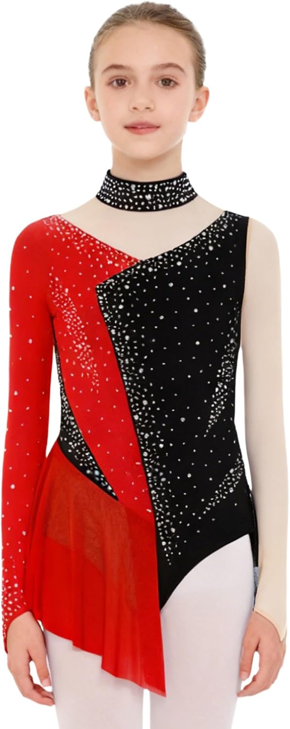 Kids Girls Long Sleeve Sparkly Rhinestone Figure Ice Skating Dress Gymnastics Skirted Leotard Skating Wear