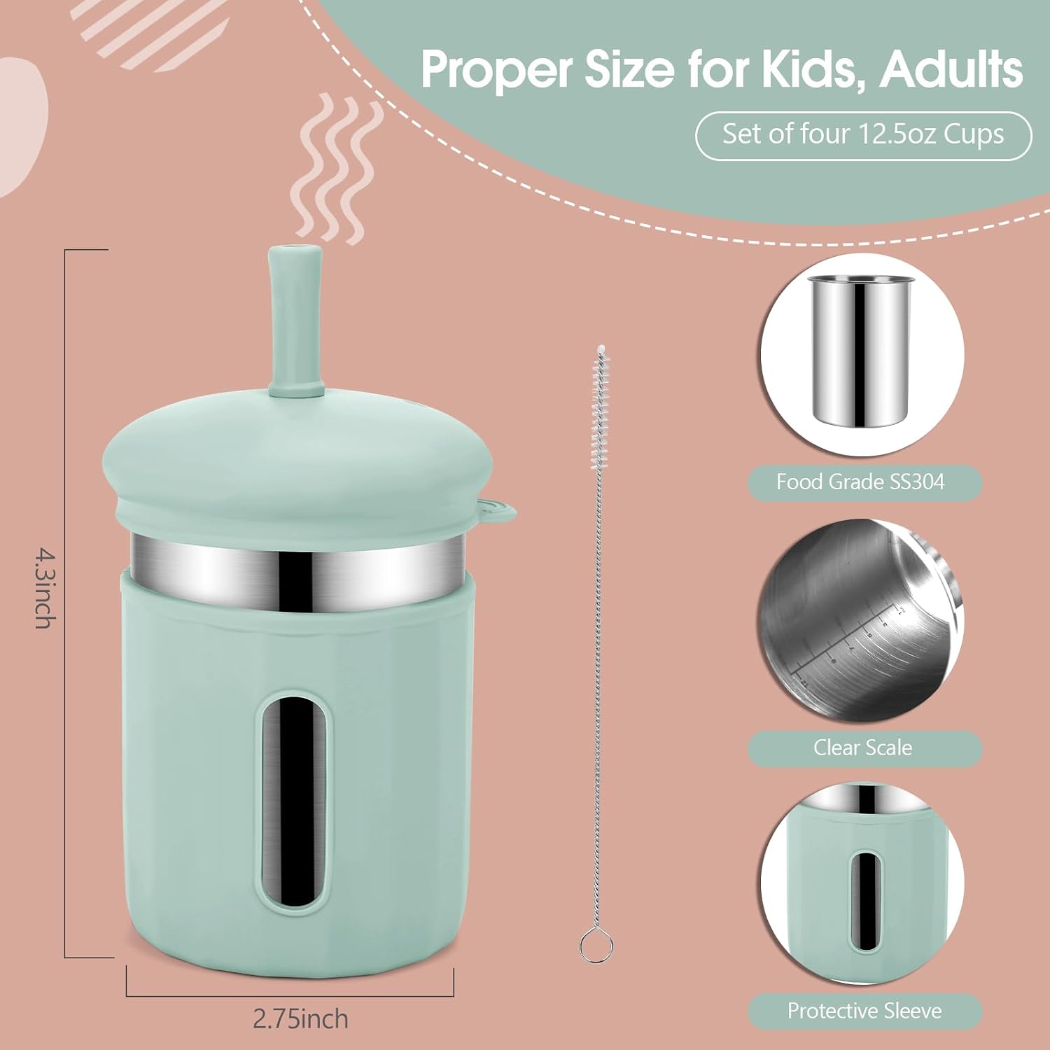 Beyoung Kids Cups with Straws and Lids, 12.5oz Stainless Steel Kids Straw Cups with Silicone Sleeves, Spill Proof, Durable Drinking Cups for Kid and Adults,4PACK (Beige+Brown+Green+Pink)