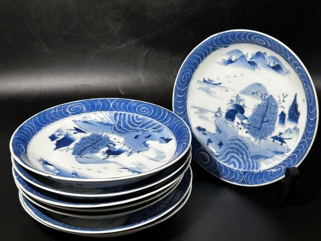 古伊万里 江戸後期 墨弾き技法 六寸皿 八枚セット 見込山水図