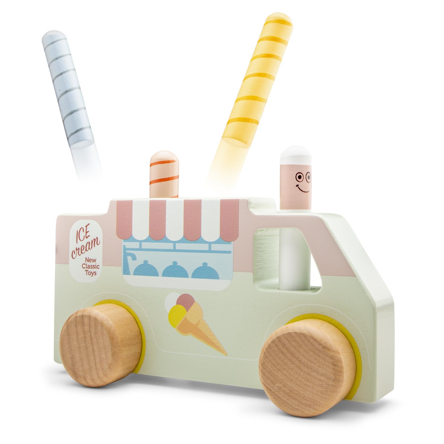 Woet Wooden Pop-Up Ice Cream Truck  FSC Pretend Play Toy with Spring Figures for Toddlers 24 Months+  Educational Push Vehicle  Gift for Boys and Girls, Cause and Effect Play