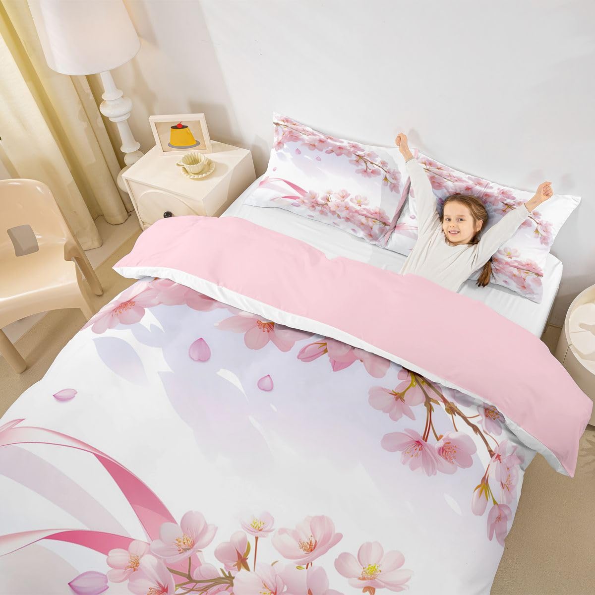 Homewish Różowy kwiatowy zestaw pościeli na łóżko podwójne kwiaty wiśni poszewka na kołdrę kwiat płatek gałąź kwiatowa poszewka na kołdrę japoński styl romantyczny tematyczne zestawy łóżek