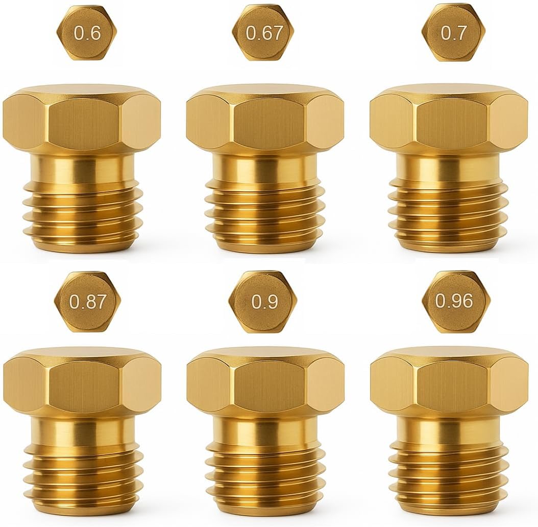 12 inyectores universales de gas para quemador de gas propano GLP | tamaños (pequeño 0,50 – mediano 0,65 – mediano 0,7 – grande 0,87 – grande 0,90 – horno 0,96) – rosca M6 x 0,75