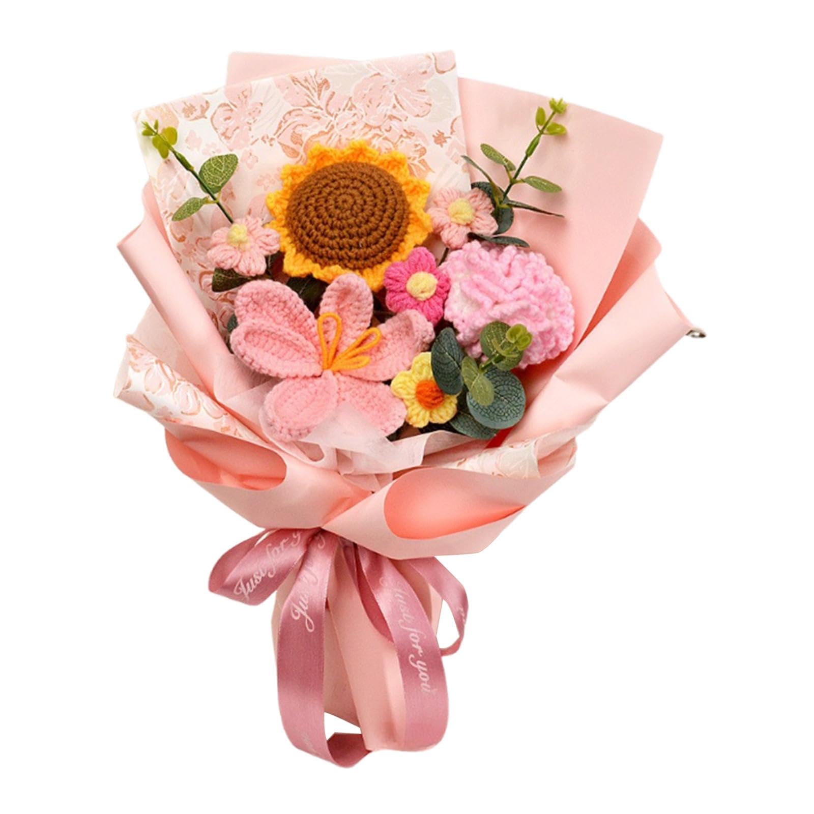 LOVIVER Ouncinetto Flower Bouquet Regalo per la festa della mamma dalla figlia Son Artificial Home decorazioni a maglieria per Mom Donne, Garofano Rosa