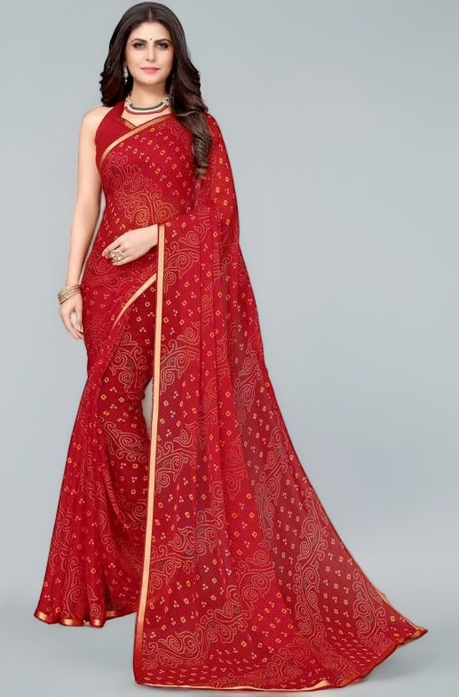 Satrani Women'S Bandhani Printed Chiffon Saree With Unstitched Blouse Piece