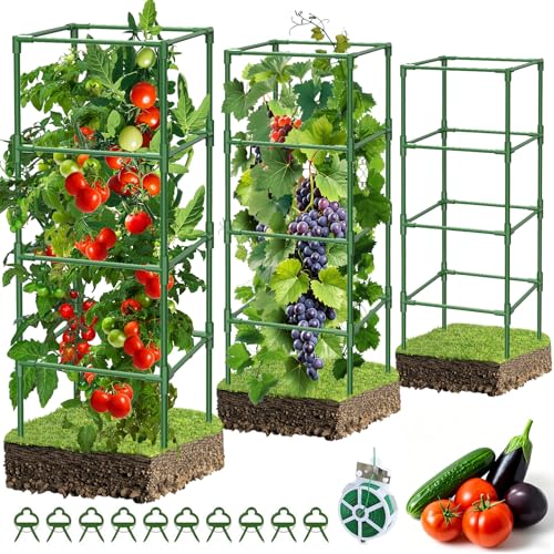 3 Pack Heavy Duty Square Tomato Cages for Garden, Metal Steel Tom...