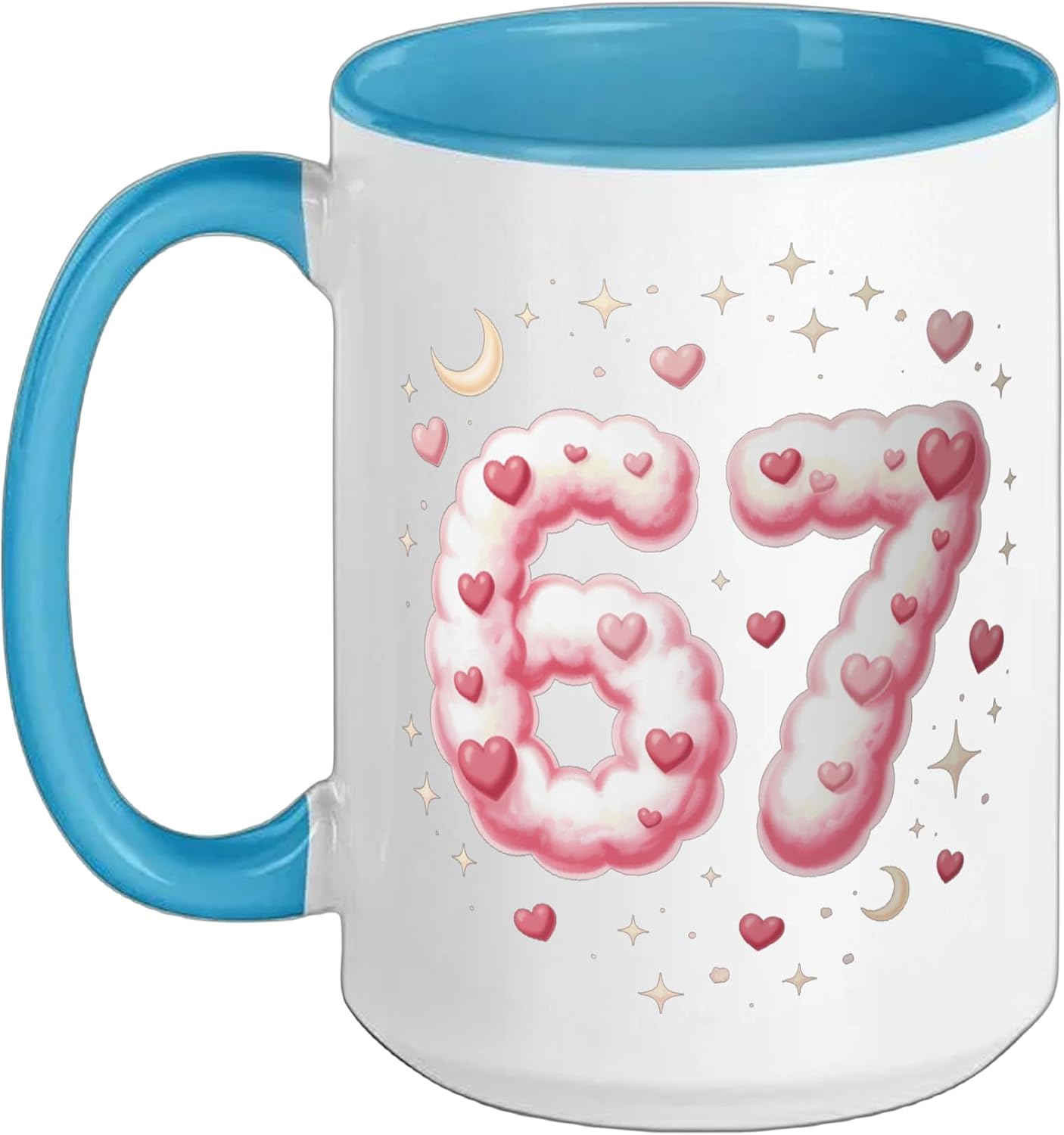 Viral 67 Kawaii Hearts Valentine's Day Kids Humor Ceramic Mug, Blue/White, 15oz