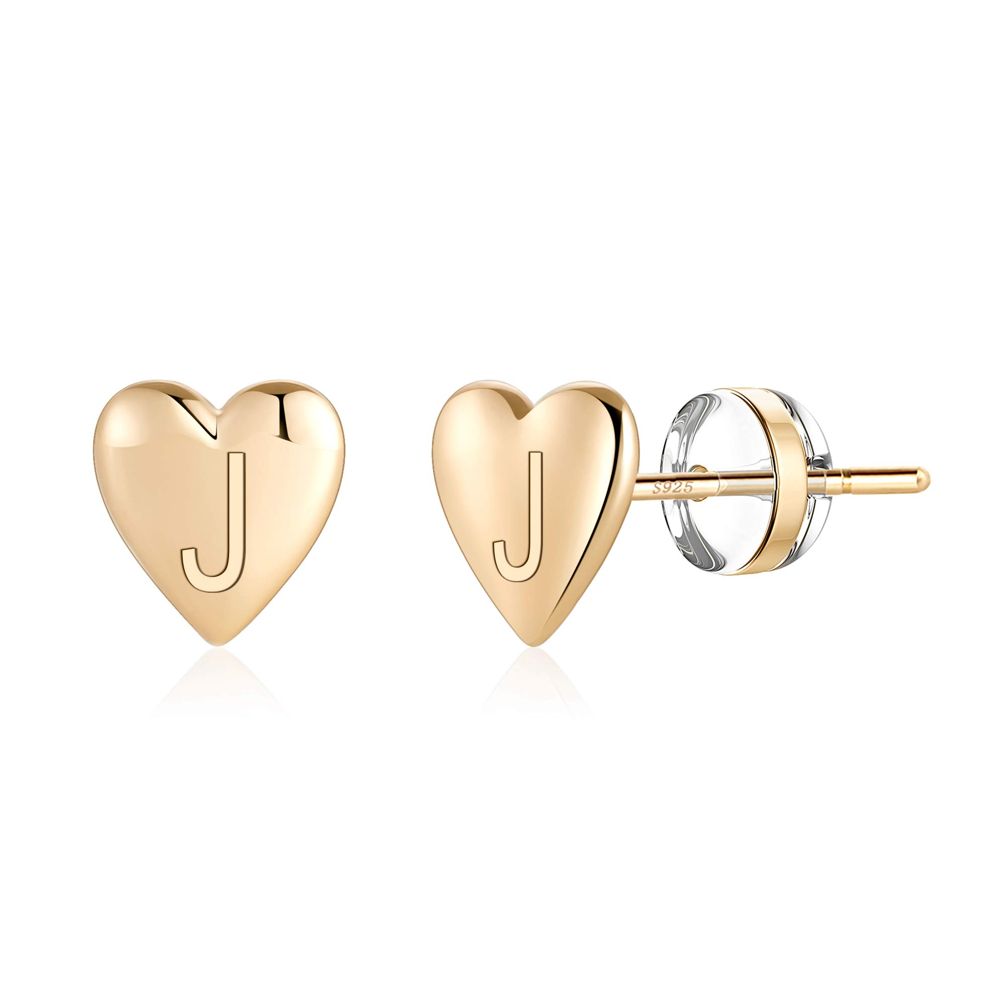 Heart Initial Stud Earrings for Girls - S925 Sterling Silver Post 14K Gold Plated Dainty Letter Earrings Hypoallergenic Little Initial Earrings for