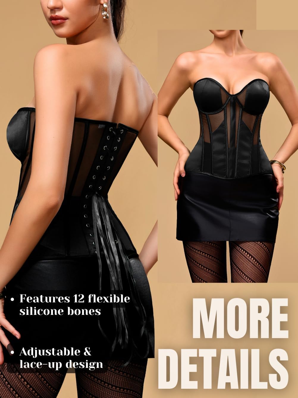 Women's Classic & Elegant Satin Corsets, Adjustable Lace-Up Fit Sizes 2-20, Underwire Padded Boned Corset Top - Image 3