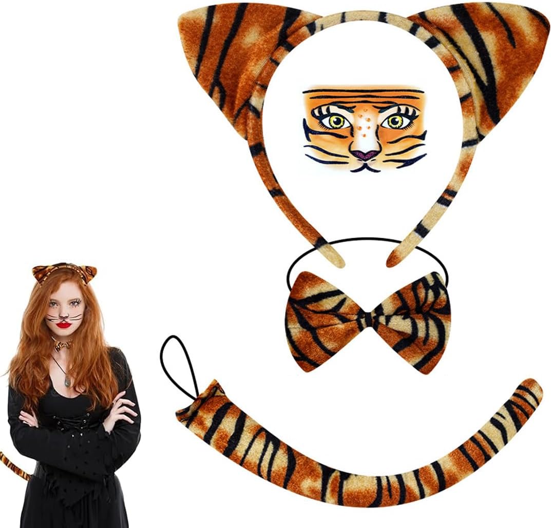 4 pcs Tiger Costume Accessory Set with Ears Headband and Tail Fancy Dress for Kids and Adult World Book Day Halloween Party