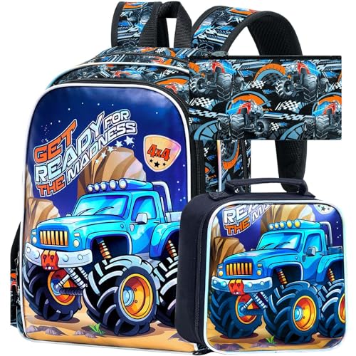 Image of 3Pcs Truck Backpack for Boys, 16 inch Bookbag with Lunch Box, Kids School Backpacks Set for Elementary Preschool Kindergarten (Balck)