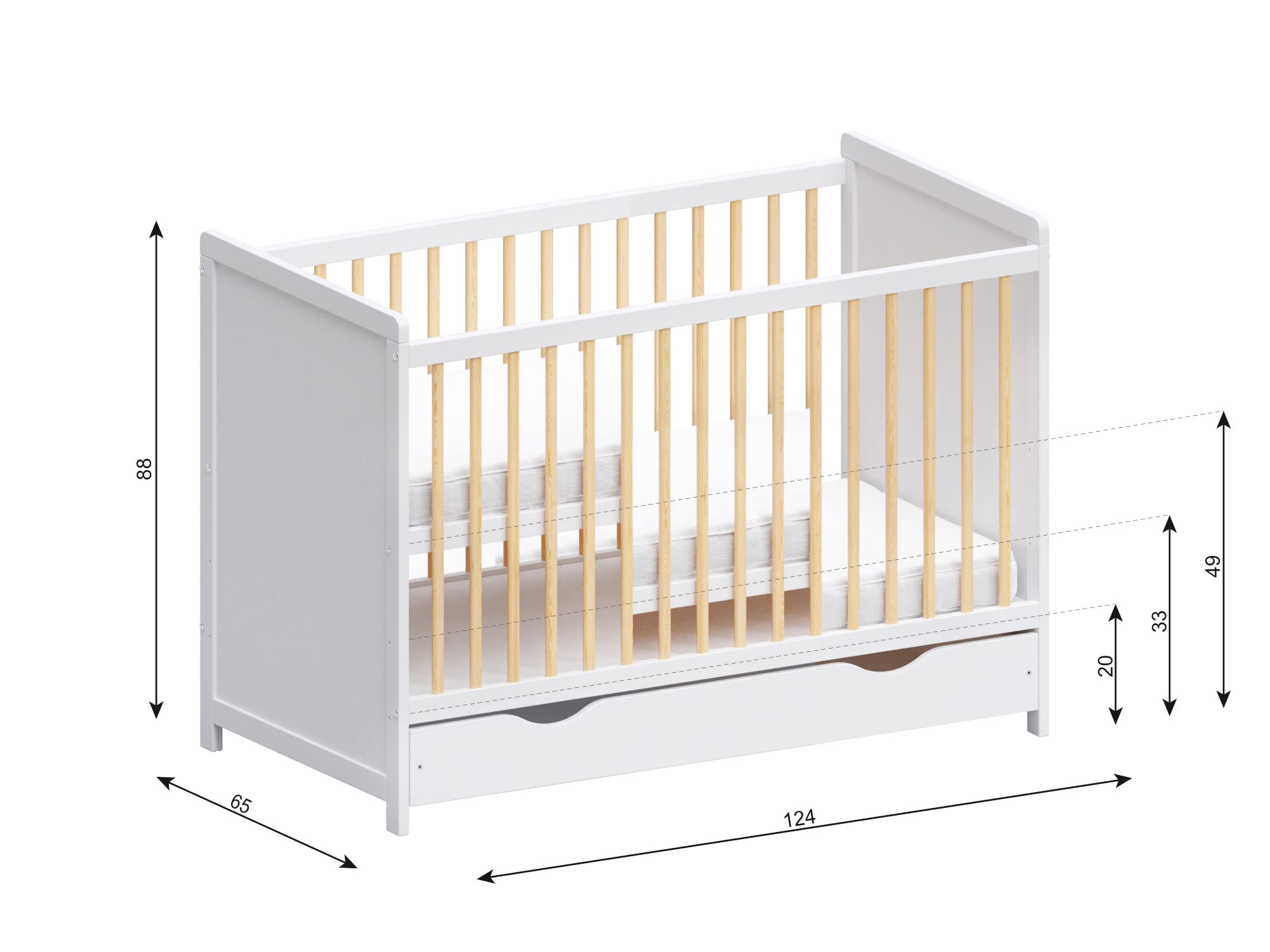Love For Sleep Lit Bébé Évolutif en Bois de Pin Blanc 120x60 cm avec Matelas en Mousse, Tiroir et Barrière de Sécurité – Lit Transformable pour Fille ou Garçon – Modèle Tokyo