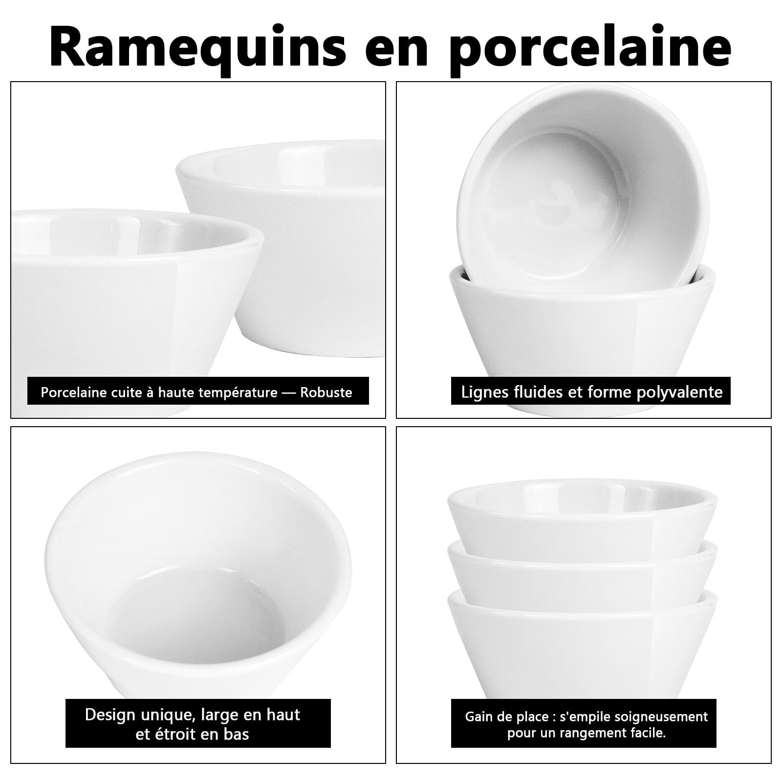 Lot de 18 Bols en Porcelaine Blanche 240 ml, Ramequins Empilables