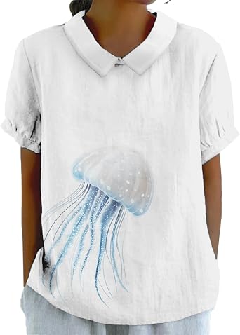 Womens Funny Animal Printed Shirts Summer Short Sleeve Tops Collared Neck Puffed Sleeves Casual Tee