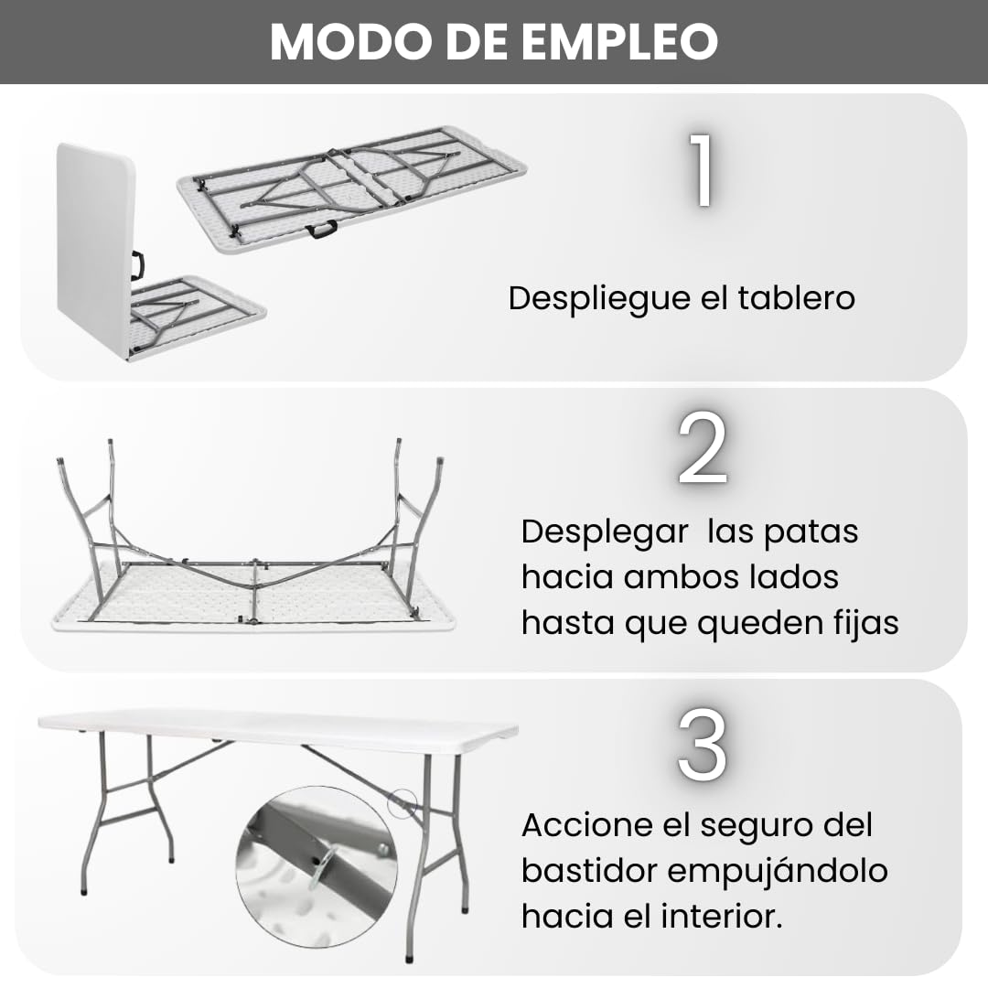 edihome Mesa Plegable 180x68x74 cm para Comedor, Camping, Jardín y Catering – Mesa Portátil Resistente para Interior y Exterior, Fácil de Transportar (Blanco)
