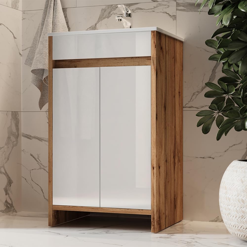 Vicco Set mobili bagno Lemgo, Rovere dorato, 49 cm, composto da mobile sottolavabo e lavabo