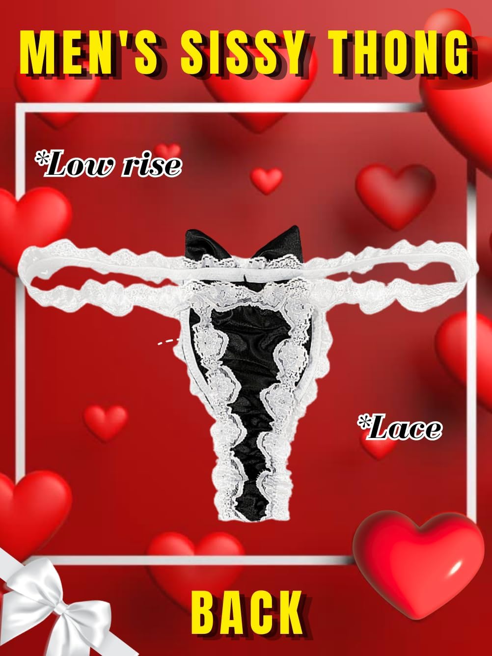 Valentines Lingerie For Men, Satin Lace Sexy Underwear, Sissy Panties Femboy, Bow Girly Thong - Image 3