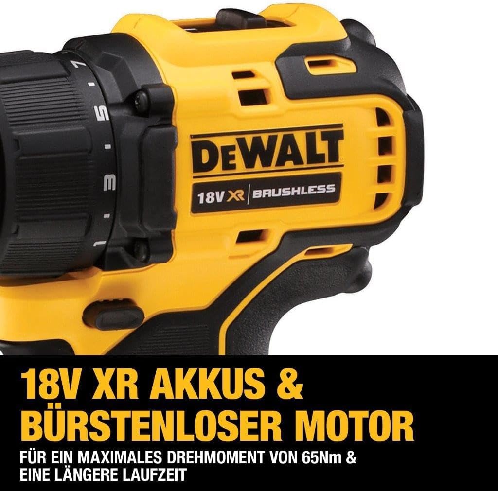 DEWALT18 Volt 2-Gang Akku-Bohrschrauber (bürstenloser Motor, Vollmetallgetriebe,15-stufiges Drehmomentmodul, 13 mm Schnellspann-Bohrfutter, 2x 2 Ah Li-Ion Akkus, Ladegerät, LED-Leuchte), DCD708D2T-QW