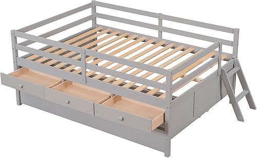 Miniatura 4 de VilroCaz Cama baja tipo loft de tamaño matrimonial con valla de seguridad completa y escalera de escalada para niños y adolescentes marco de cama