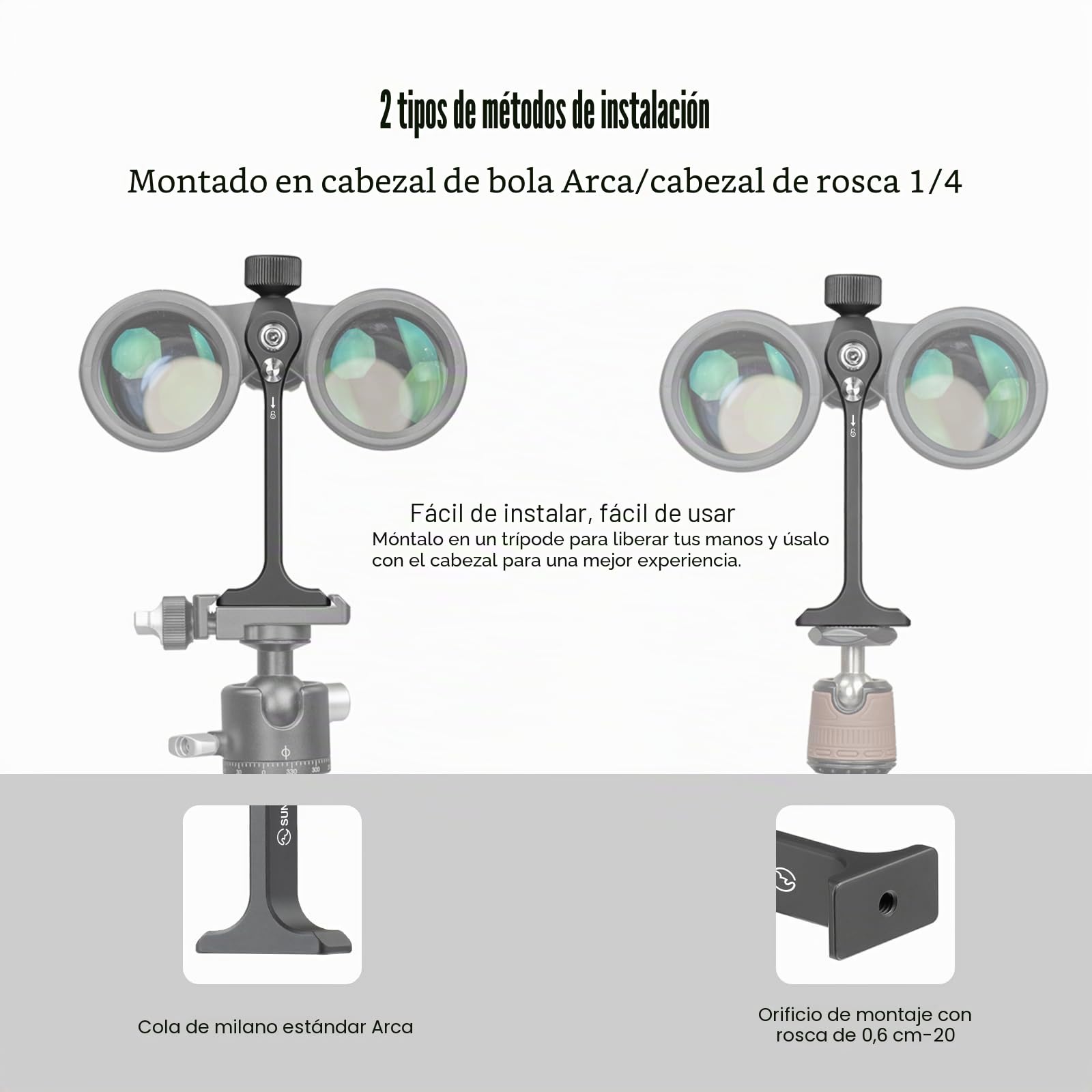 SUNWAYFOTO Adaptador de trípode binocular, con placa Arca Swiss y agujero de rosca de 1/4, BTA-01