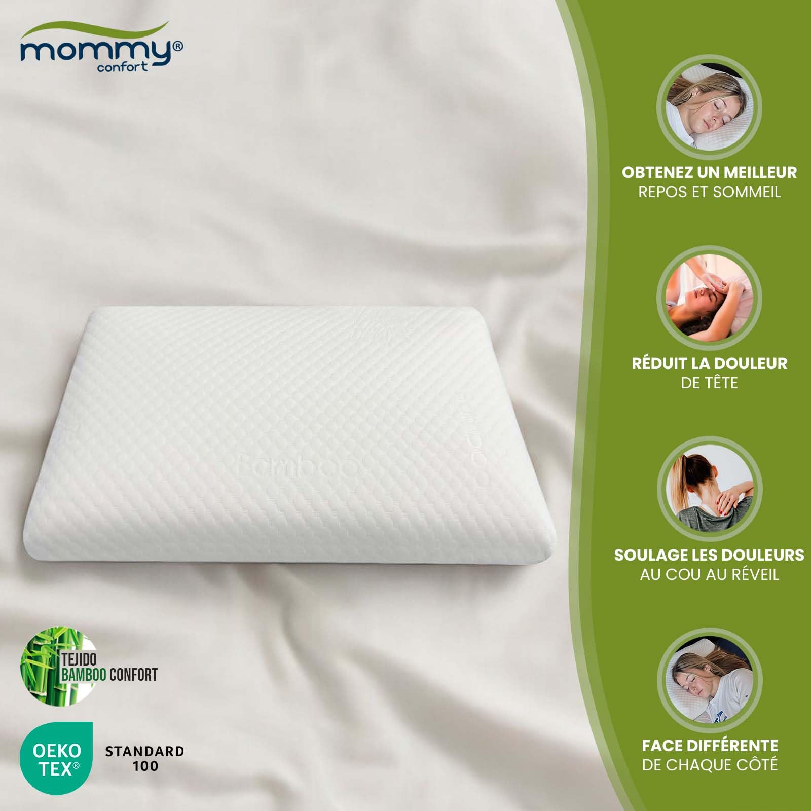 Oreiller Mémoire Forme 40X60 Double Confort Côté Noir Moyen Et Côté Blanc Doux Soutien Tête Cervicales Housse Bambou Lavable Coussin Ergonomique Cervical Oeko Tex