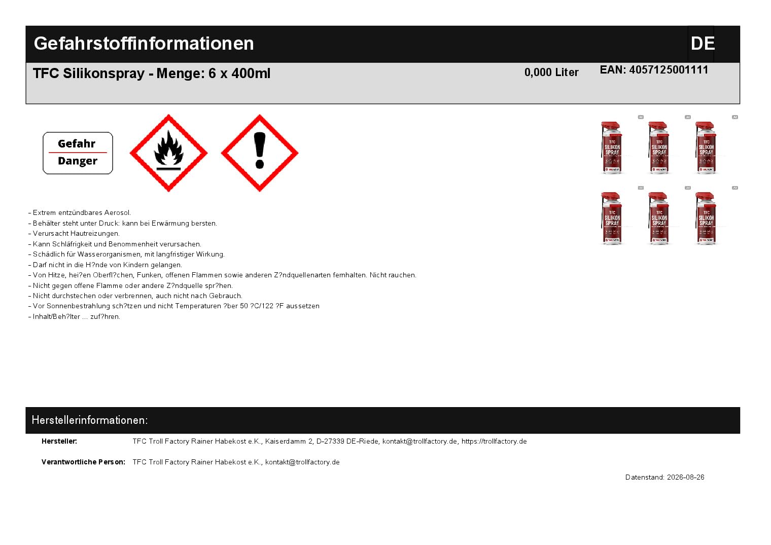 TFC Silikonspray – Universelles Pflege- & Schmierspray – 6 x 400 ml