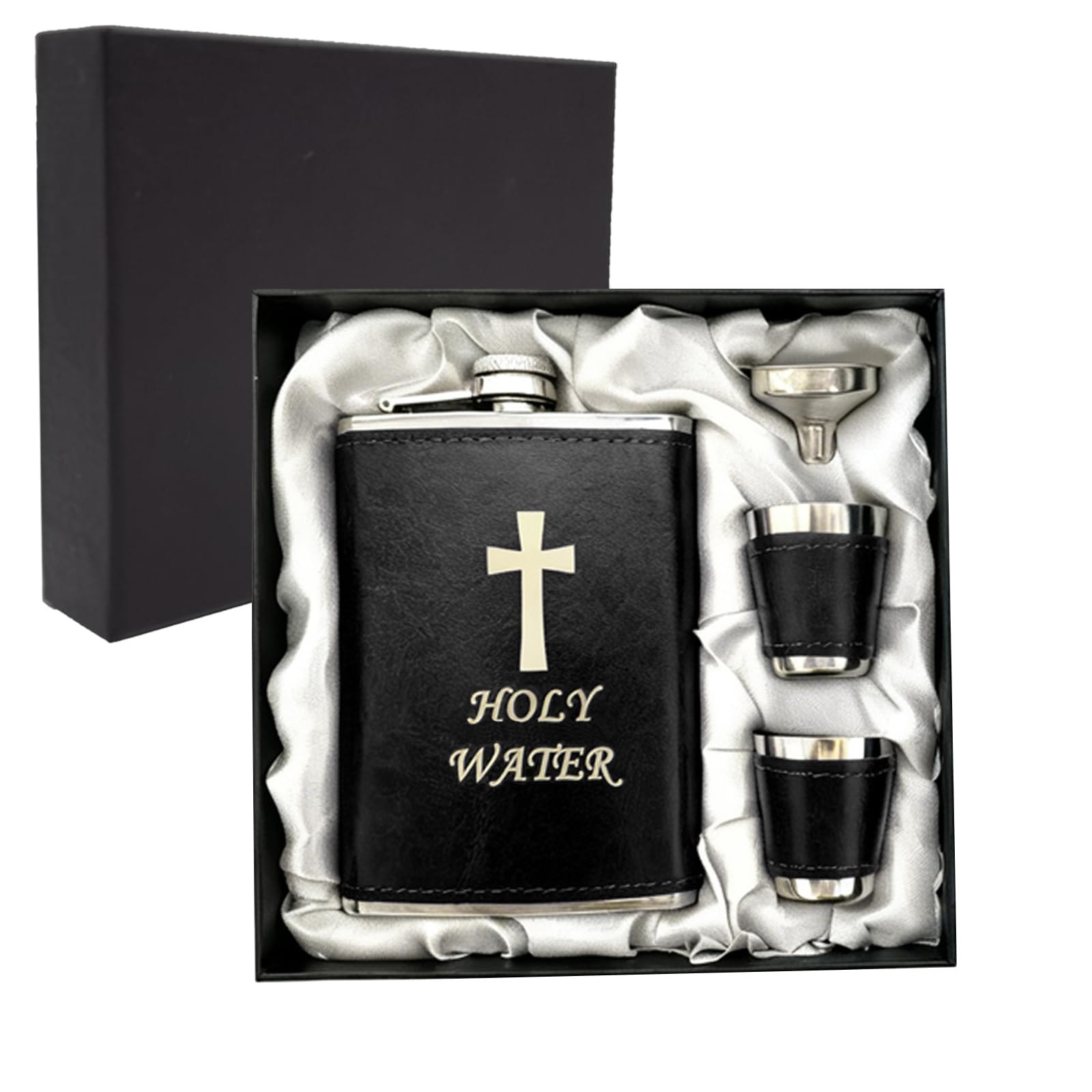 Hip Flask Set with Funnel and Shot Glasses, 8 oz Alcohol Flask Stainless Steel + PU Leather Whiskey Flask, Leak Proof Pocket Hip Flask for Liquor for Men (Black-Holy Water)