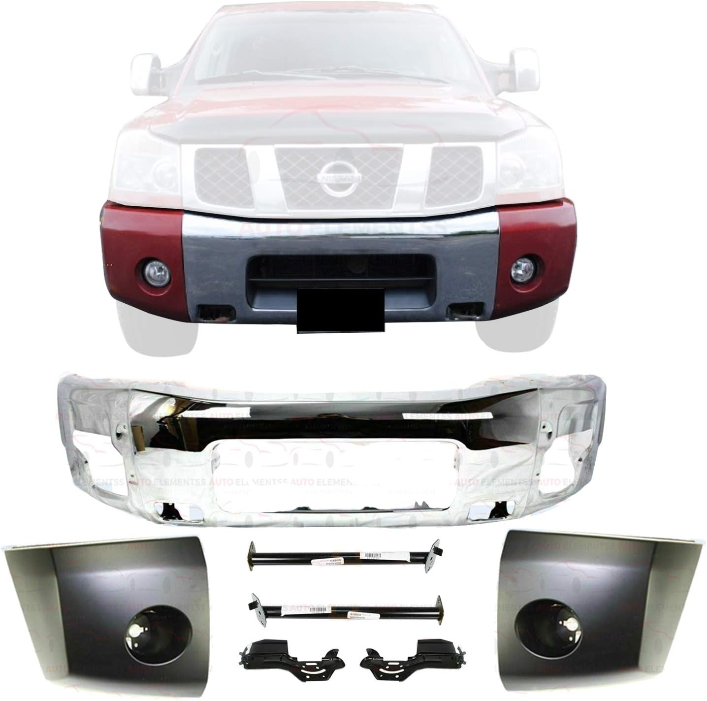 Front Bumper Chrome Steel + Cover Stay Steel Brackets + End Caps Primed Plastic For 2004-2007 Nissan Titan/Armada Direct Replacement 62022ZR08A 62214ZJ00A 62215ZJ00A
