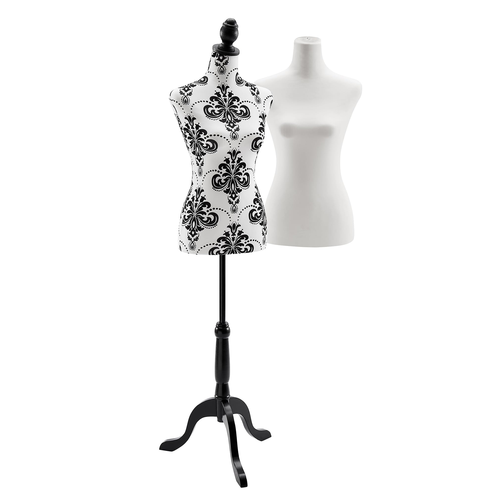 BTFY Female Mannequin Dressmakers Dummy, Plain White & Black Damask | 2 Removable Covers, UK Size 8/10, Adjustable Height, For Shop Display