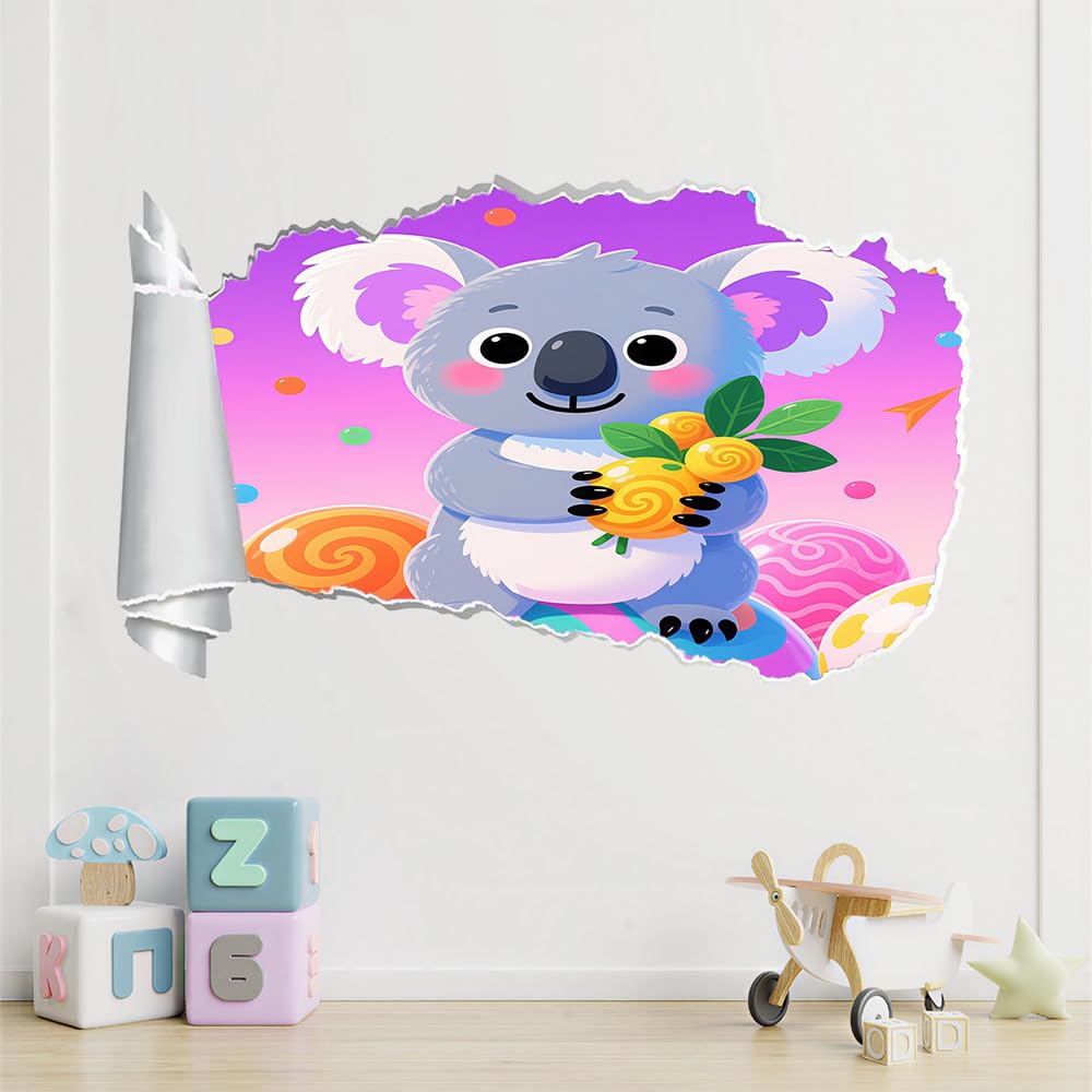 Adesivi Murali Murales Fracassati 3D Koala Decalcomanie Per Pavimenti In Impermeabile Animali Carini Per La Camera Da Letto, La Decorazione Della Parete 70X112Cm
