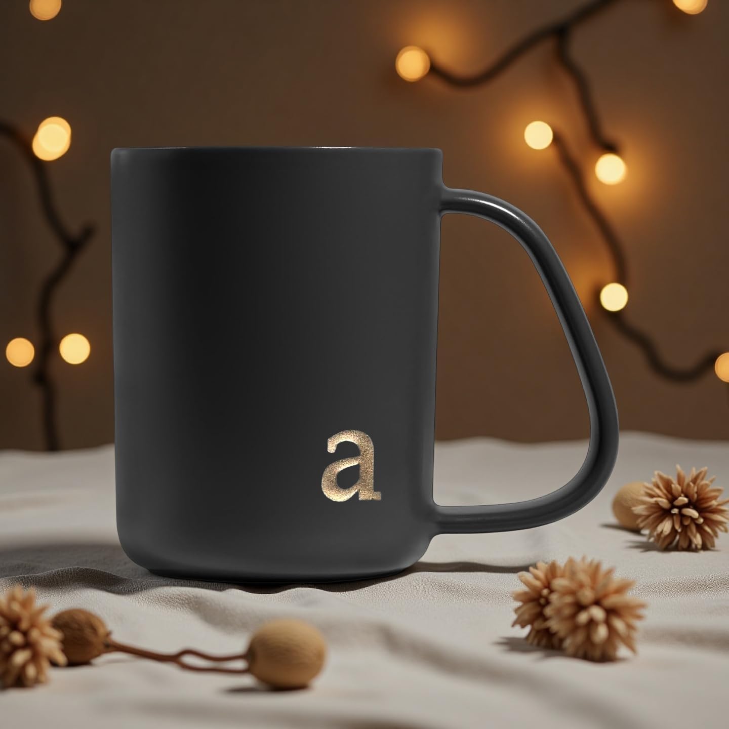 COLLECTIVE HOME - Ergonomic Handle Ceramic Mug, 15 oz Personalized Coffee Cup with Golden Initial, Microwave & Dishwasher Safe, Elegant Monogram Tea Mug in Gift Box for Home & Office (Black-a) - Image 5