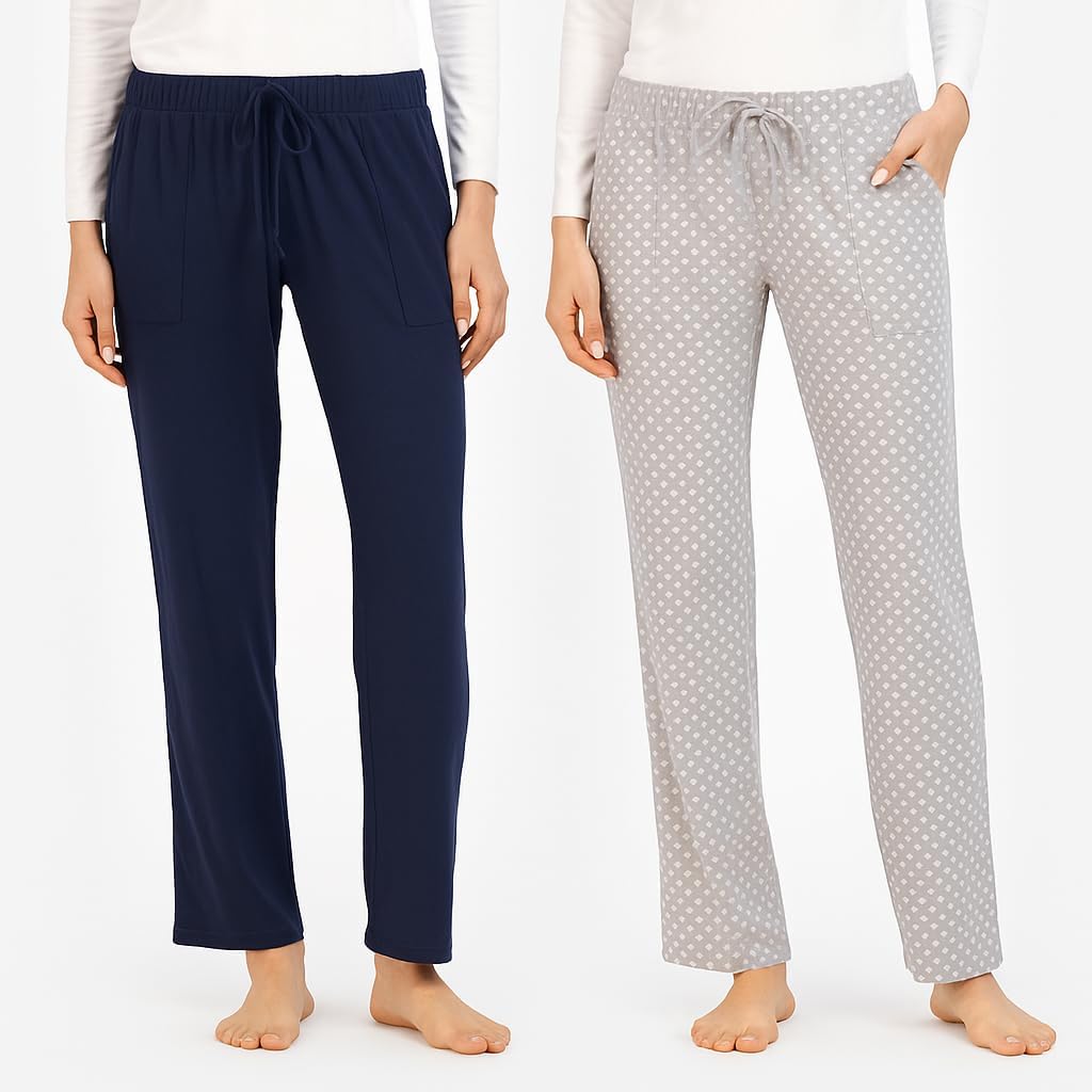 Lucky Brand Women's 2 Pack Straight Leg Lounge Pant with Drawstrings and Pockets (Navy/Grey Star, Small) - Image 2