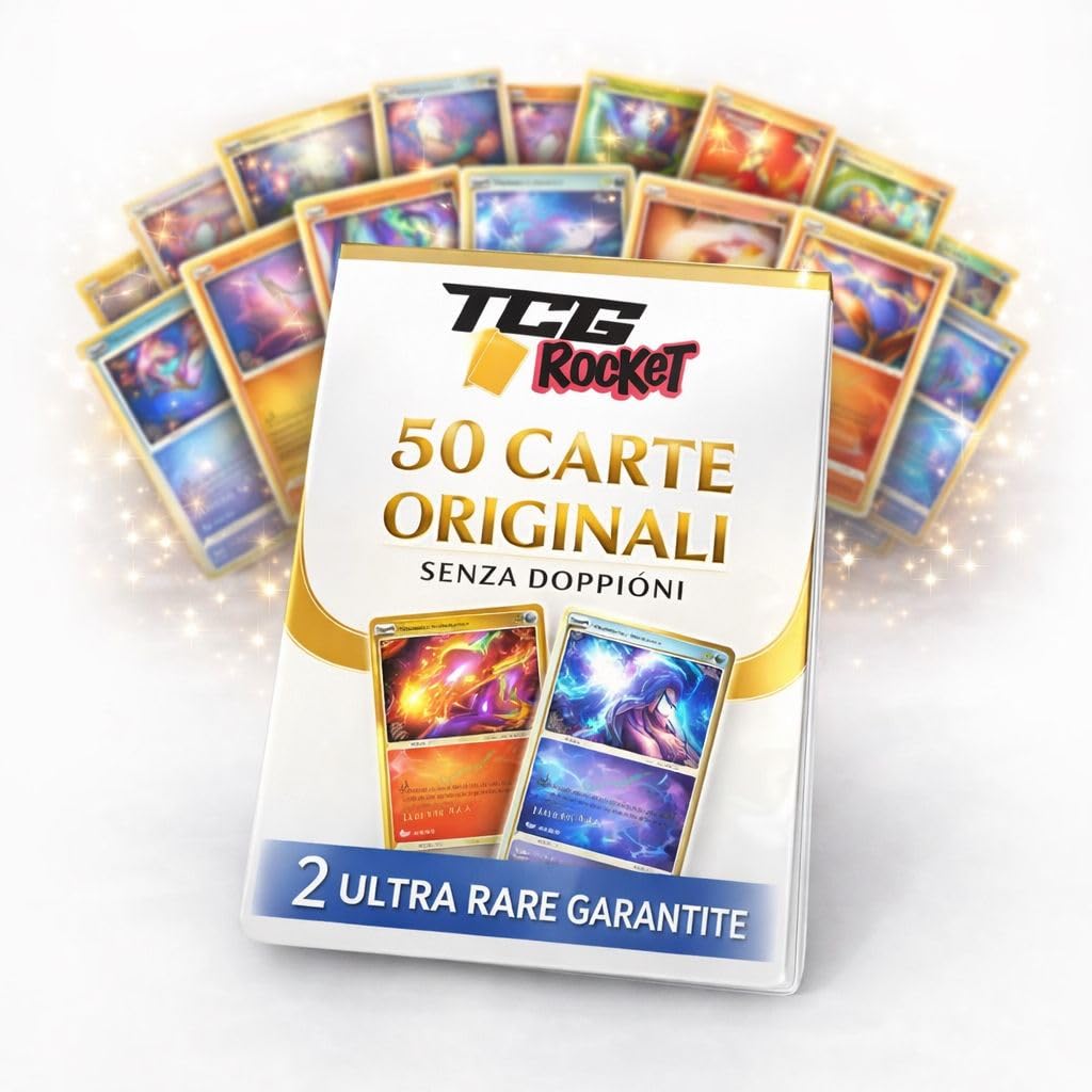 Set ULTRA RARA - 50 CarteOriginali Italiane, con due Ultra Rare garantite (V, Vmax, Ex,...) include 8 Carte brillanti (Holo, Reverse) protette da bustine protettive Premium TCG Rocket (2026)