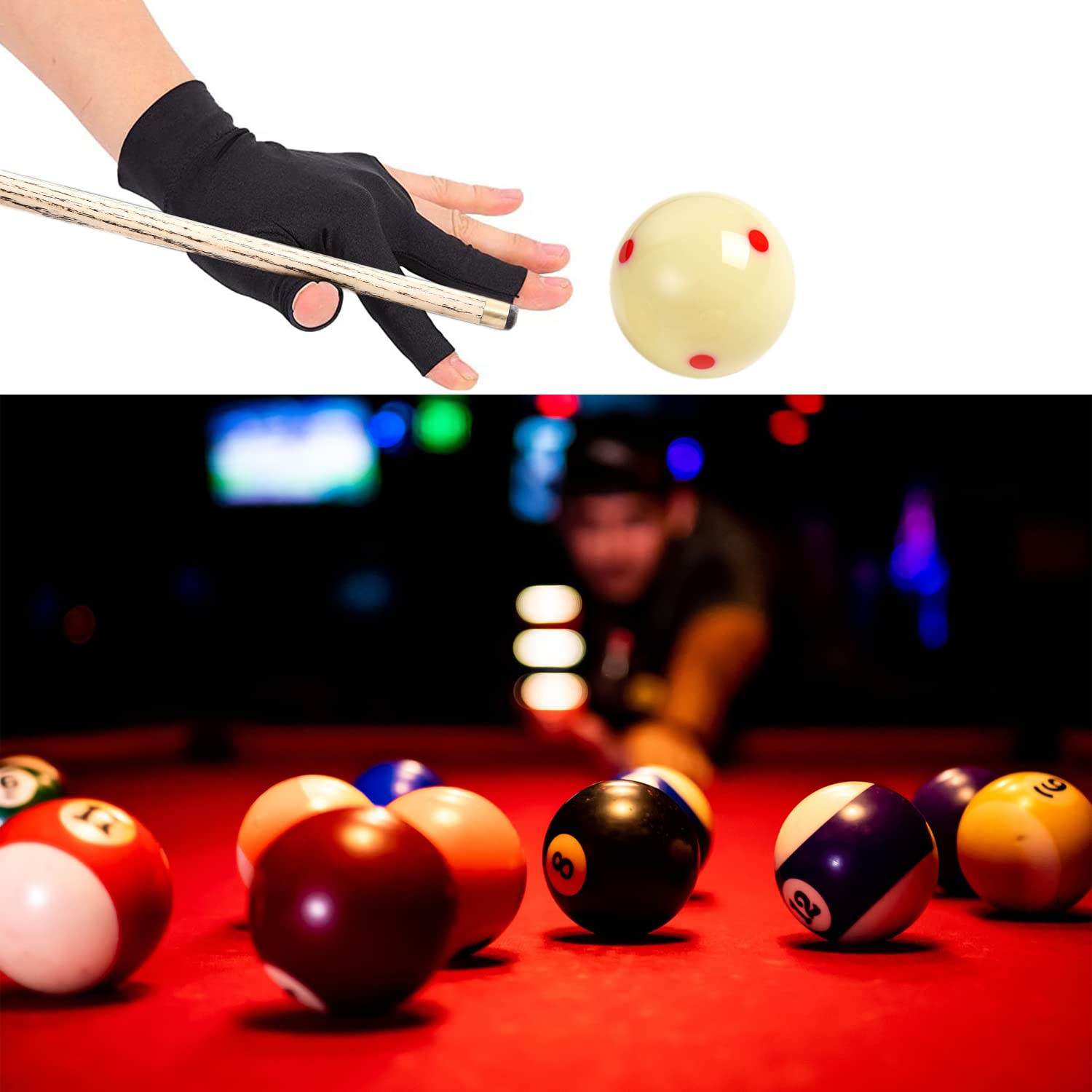 IKOPFLN Lot De 2 Gants De Billard 3 Doigts – Gant Snooker Professionnel Main Gauche, Silicone Antidérapant, Confort Ultra Respirant Noir-Rouge