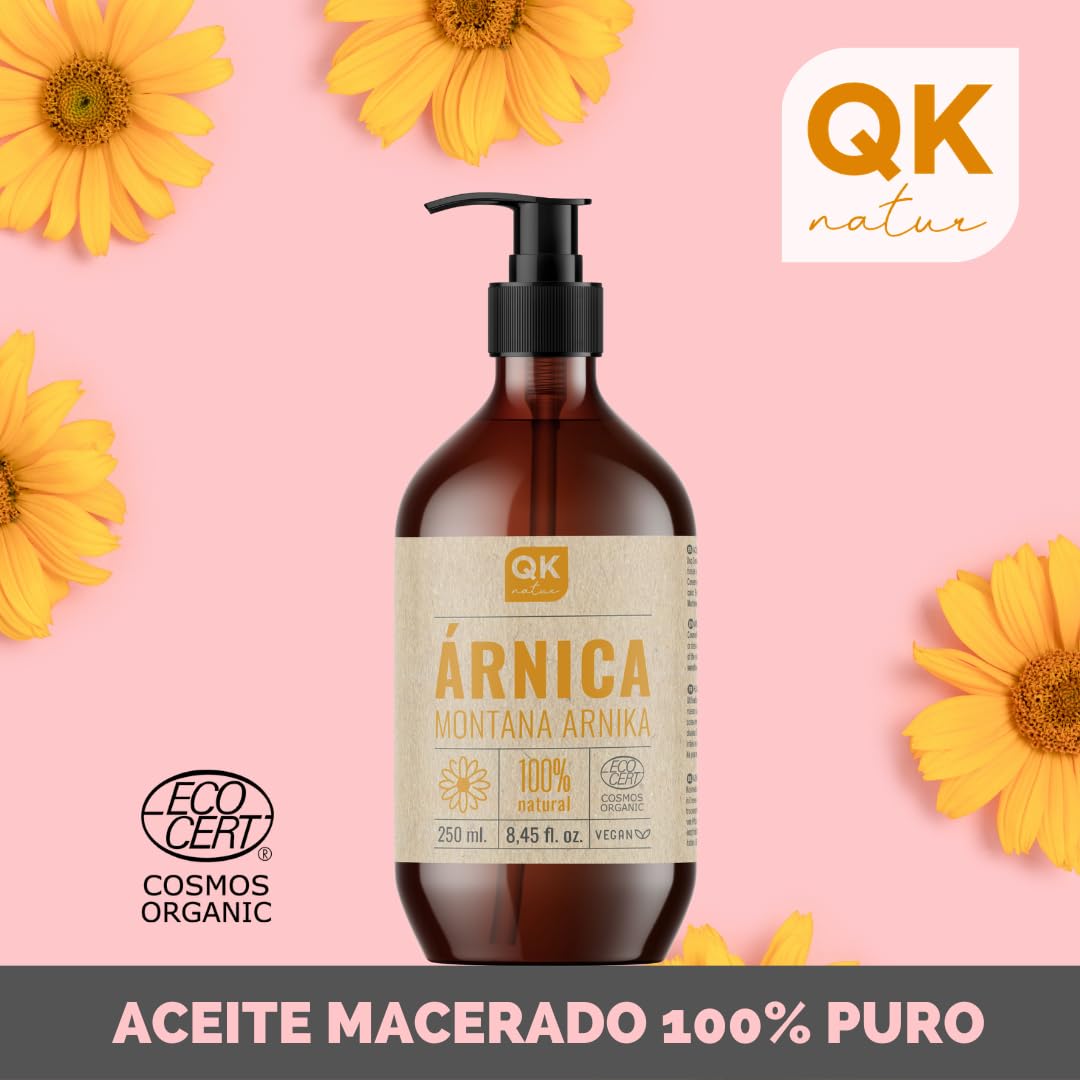 QKnatur - Aceite Macerado de Árnica Montana 100% Puro 250ml - BIO - Orgánico - Vegetal - Aceite para masaje corporal