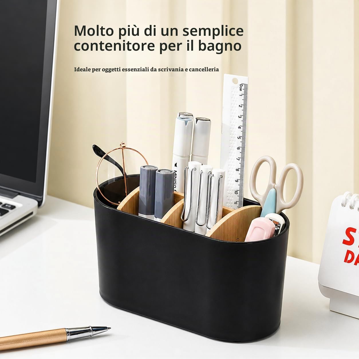Porta Spazzolino Elettrico da Appoggio, Organizer Bagno con 6 Scomparti e Divisori in Bambù Rimovibili, Portadentifricio Multifunzione per Lavabo Cucina Soggiorno, Nero