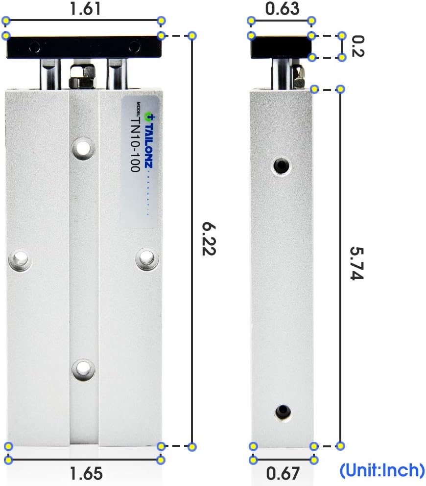 TAILONZ PNEUMATIC 10mm Bore 100mm Stroke Double-Rod Double-Acting Aluminum Pneumatic Air Cylinder TN10-100