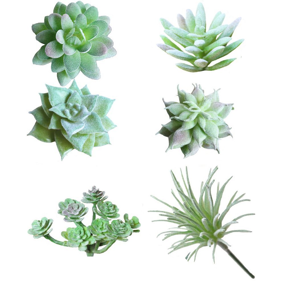 Soviton Green 6 Pcs Mini Artificial Succulents Picks Unpotted Faux Assortment In Flocked Floral Arrangement