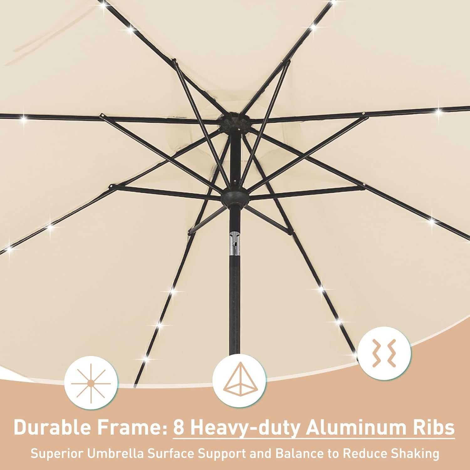 10ft Patio Umbrella with Crank&Tilt Outdoor Umbrella with Solar Lights for Garden, Pool and Deck-Khaki