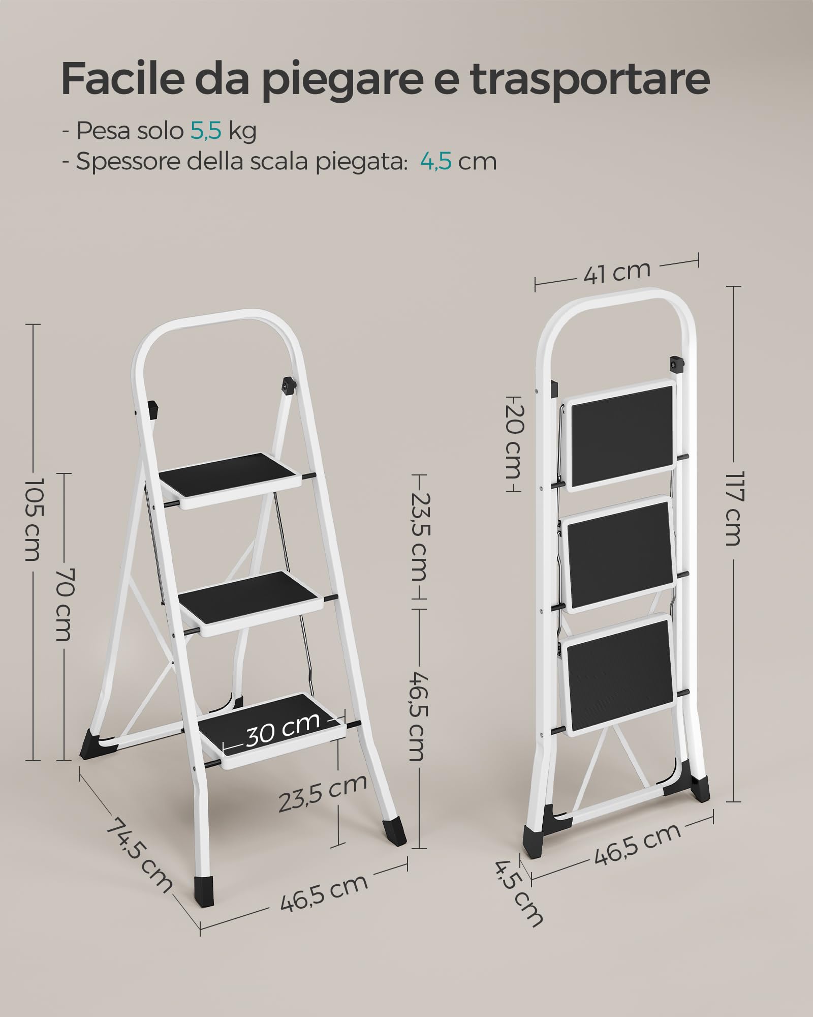 SONGMICS Scaletta, Scala a 3 Gradini, Scaletta Pieghevole, Chiusura di Sicurezza per Piegamento, Facile da Riporre, Portante 150 kg, Bianco Semplice GSL03WT