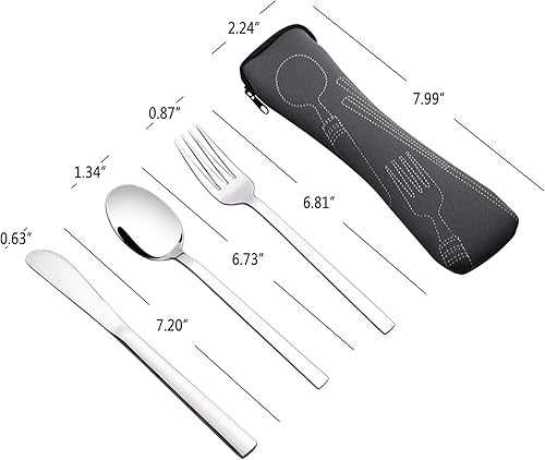 Miniatura 2 de Cubiertos de viaje de acero inoxidable de 3 piezas para la escuela, oficina, empresa, cubiertos de camping con estuche de transporte