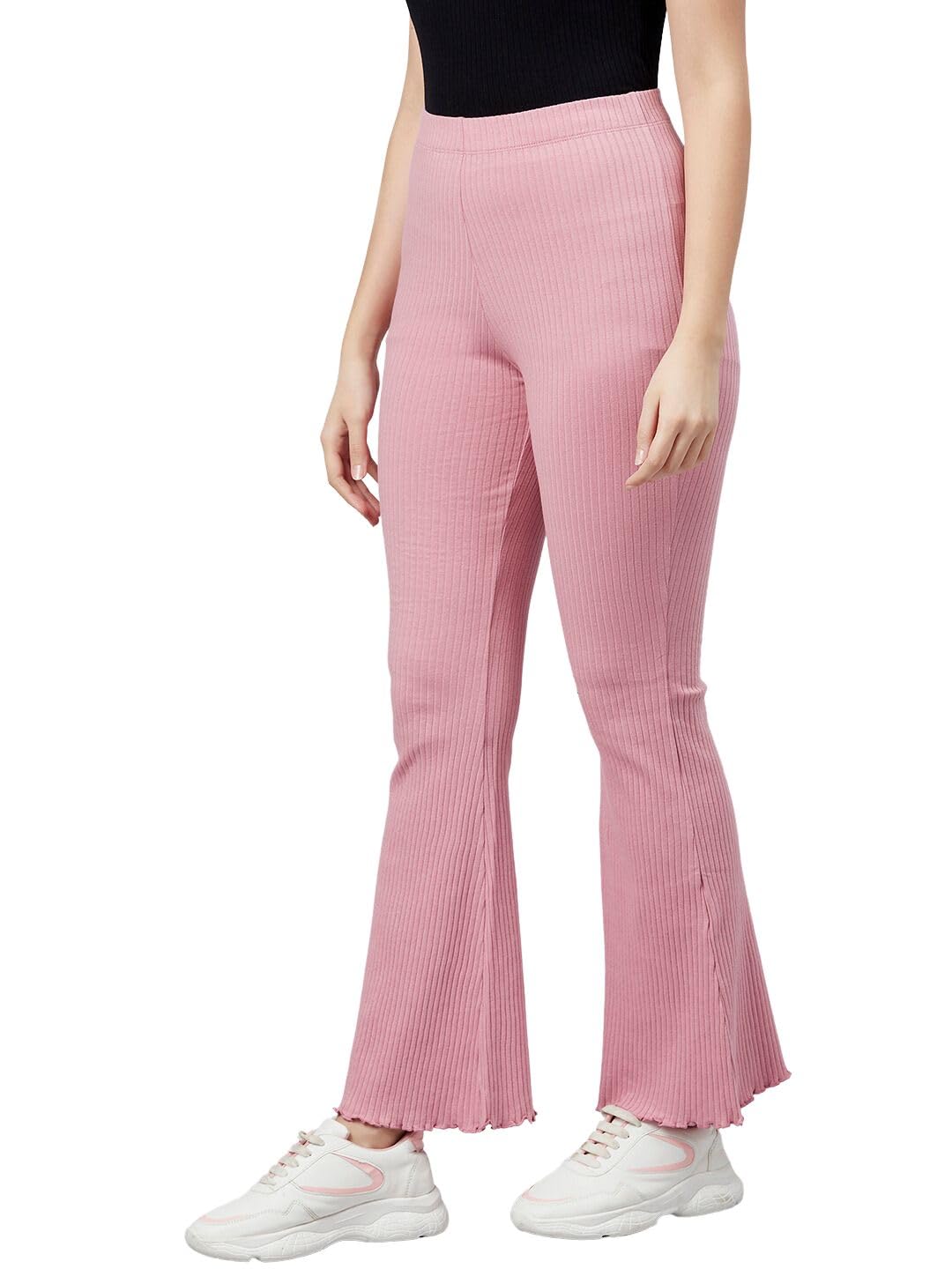 BLINKINWomen's Stretch Fit Mid Rise Ribbed Stretchable Flared Pants | Boot Cut Bell Bottom Pants - Ideal for Yoga & Gym Wear, Casual Wear & Office Wear Trousers
