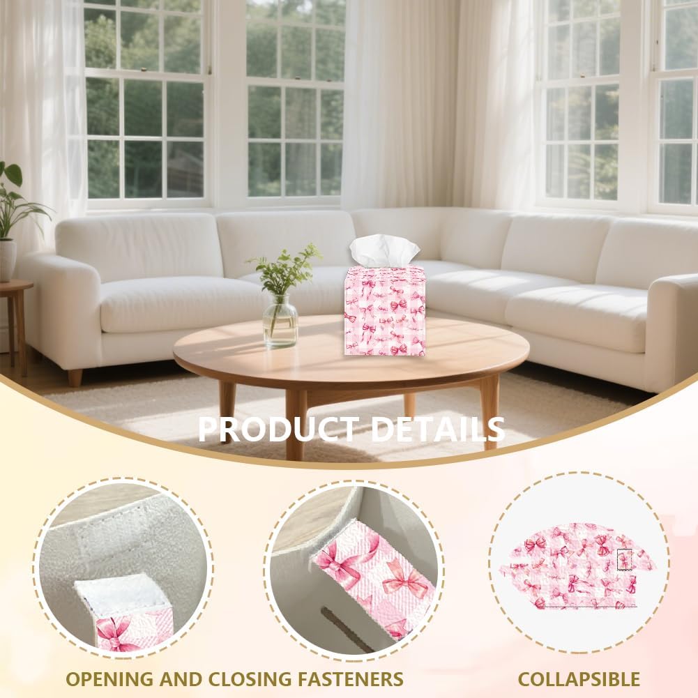 Pink Bow Tissue Box Holder Leather Square Foldable Facial Paper Decorative Tissue Box Cover Paper Towel Case Container Organizer for Tabletop Bathroom Nightstands Home Kitchen Car Office image 3